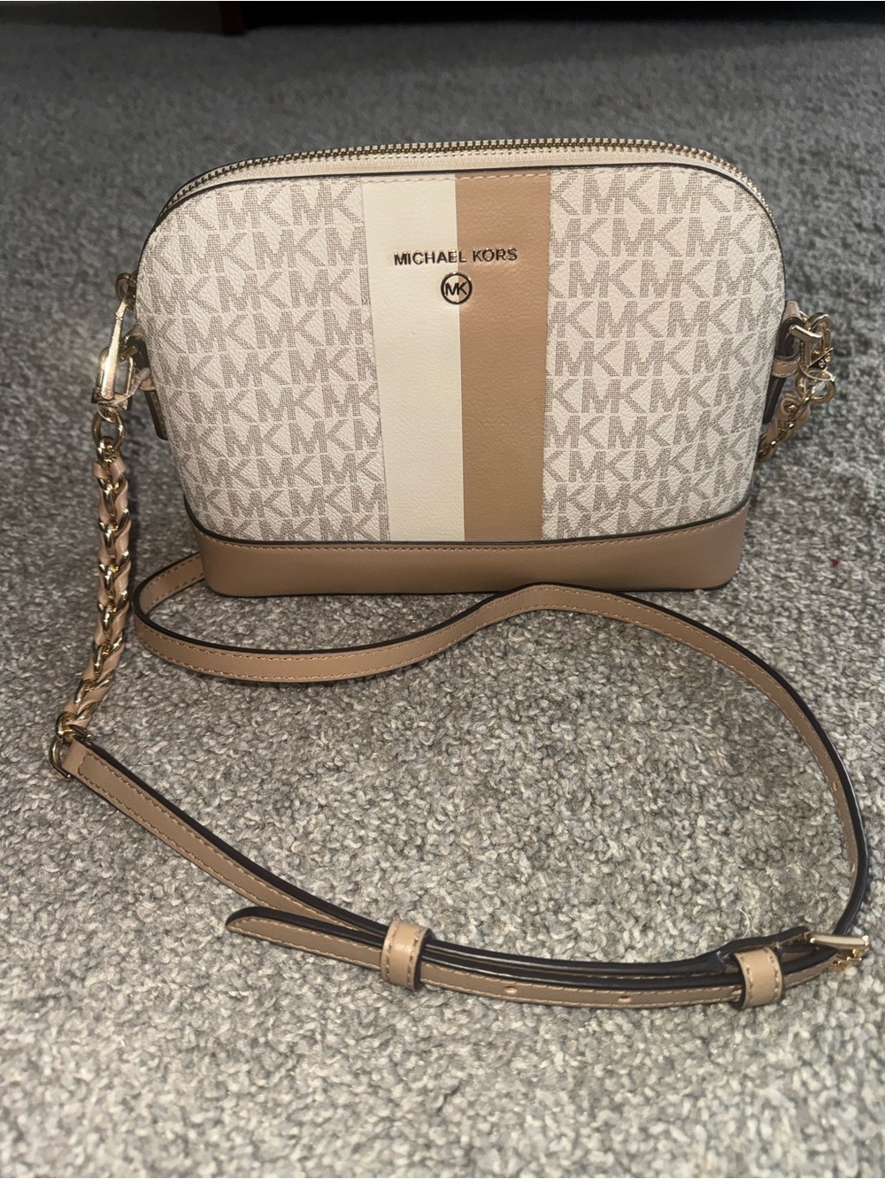 Michael Kors Signature Stripe Crossbody in Vanilla and Tan